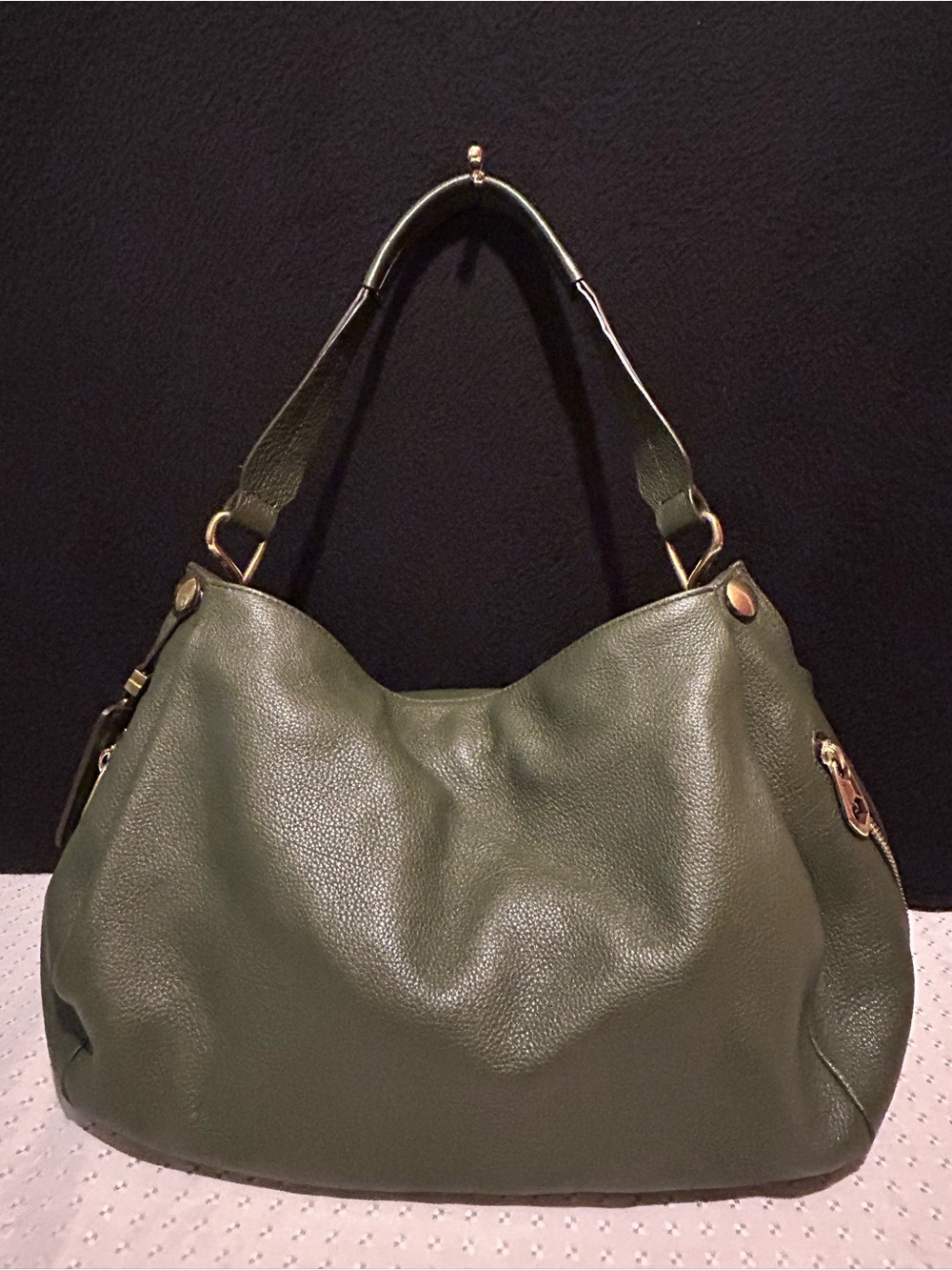orYANY Olive Green Pebbled Leather Hobo Shoulder Bag.